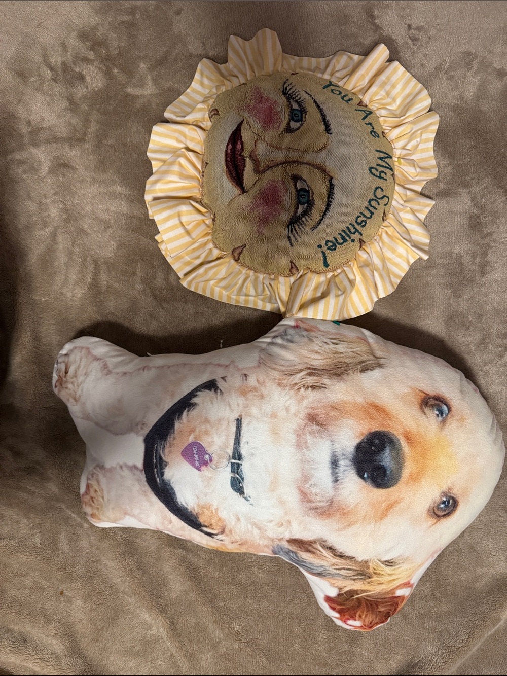 Yellow Sun Face & Golden Dog Plush.Pillows - been use a Decorative only.